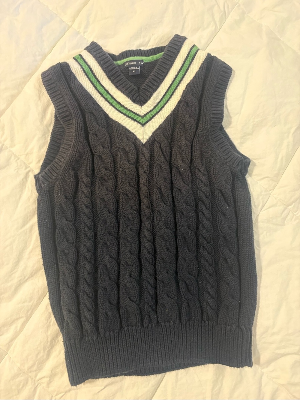 GAP Navy Cable Knit V-Neck Sweater Vest with Green & White Trim